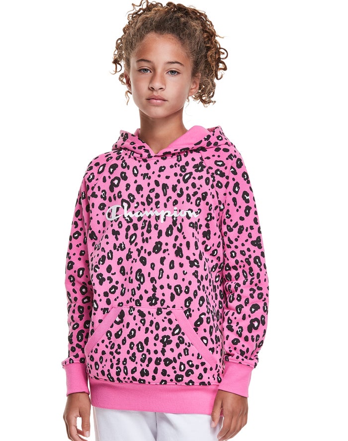 Champion Pige Hættetrøje Pink/Sort - Fleece Raglan Leopard Print - Danmark RXV-482691